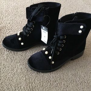 Black Velvet Pearl Embellished Combat Boots